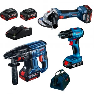 Bosch Professional GSR 185-LI+ GBH 180-LI + GWS 180-LI (2 აკუმულიატორი + დამტენი + ჩანთა)